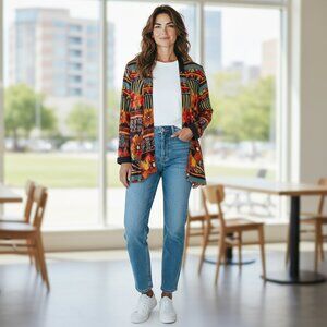 Vintage Worthington Floral Aztec Open Jacket Women's M Long Sleeve Autumn Gauze